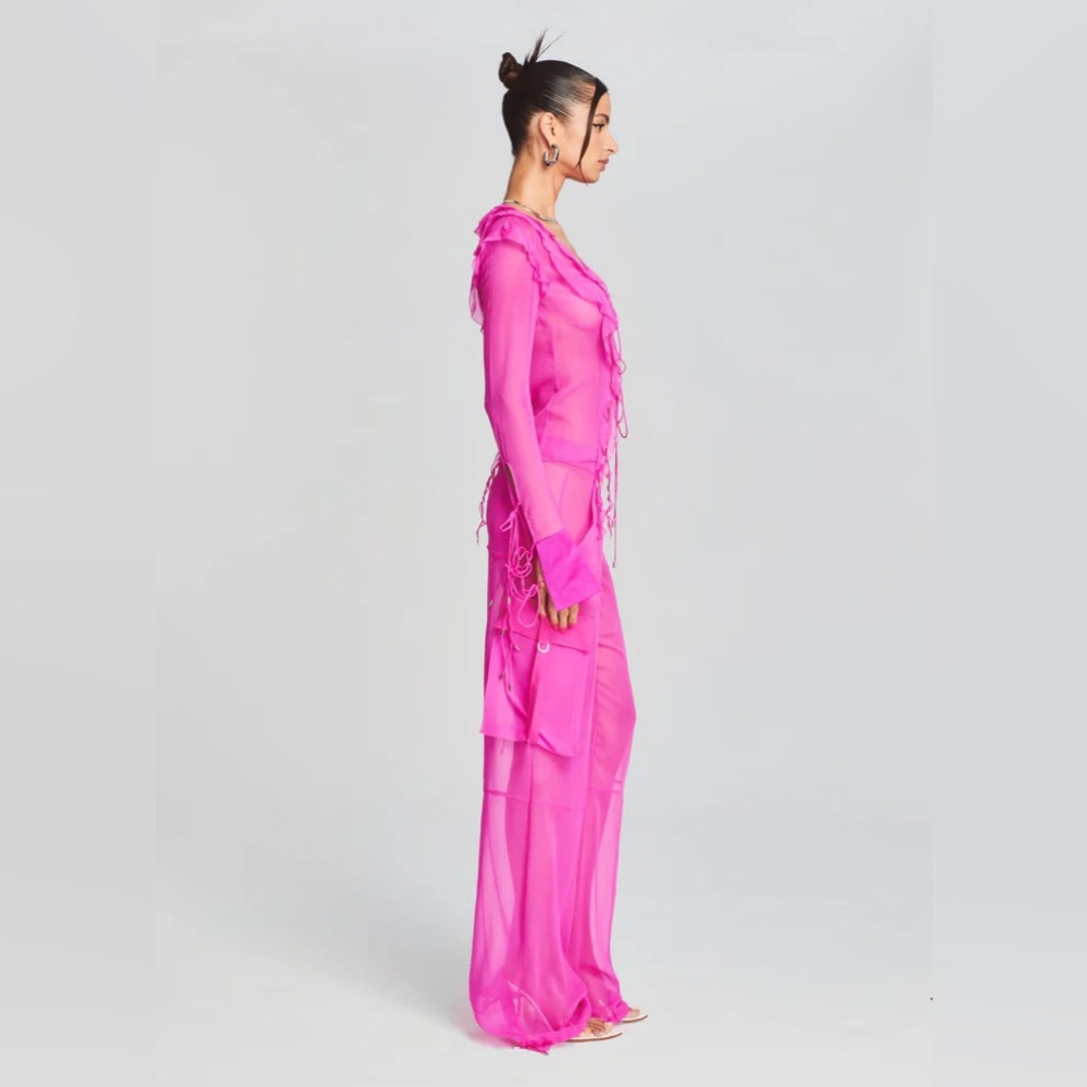 Retrofete Aviva Silk Chiffon Blouse Ruffle Open Tie Neon Pink Fushia - Picture 3 of 5